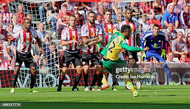 Nathan Redmond of Norwich takes a free kick during the Barclays Premier League match between Sunderland AFC and Norwich City at the Stadium of Light...