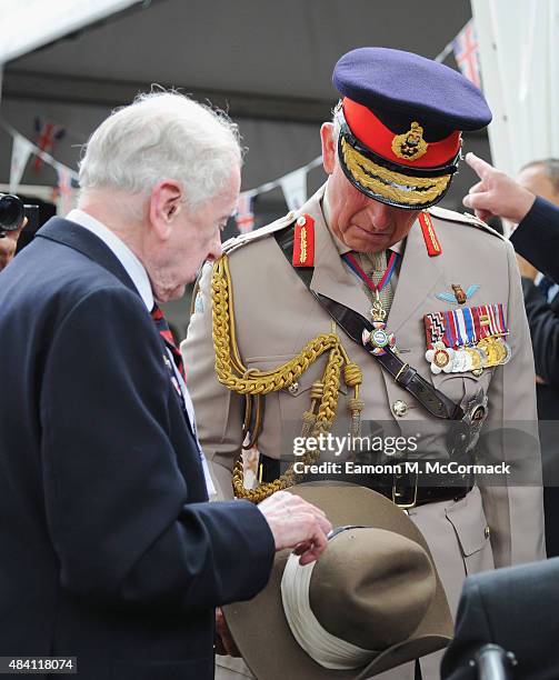 Prince Charles, Prince of Wales meets veterans during the 70th Anniversary commemorations of VJ Day at the Royal British Legion reception in the...