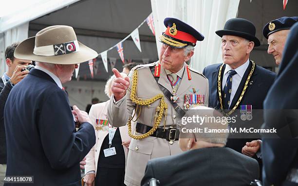 Prince Charles, Prince of Wales meets veterans during the 70th Anniversary commemorations of VJ Day at the Royal British Legion reception in the...