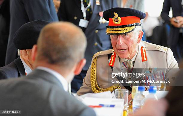 Prince Charles, Prince of Wales meets veterans during the 70th Anniversary commemorations of VJ Day at the Royal British Legion reception in the...