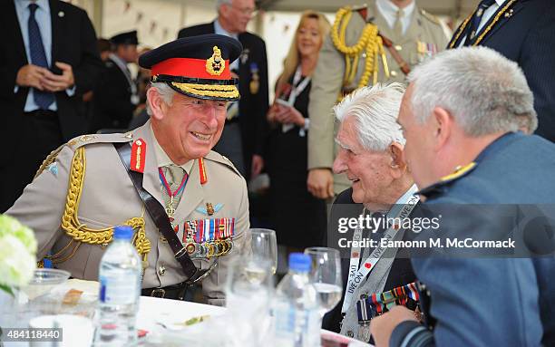 Prince Charles, Prince of Wales meets veterans during the 70th Anniversary commemorations of VJ Day at the Royal British Legion reception in the...