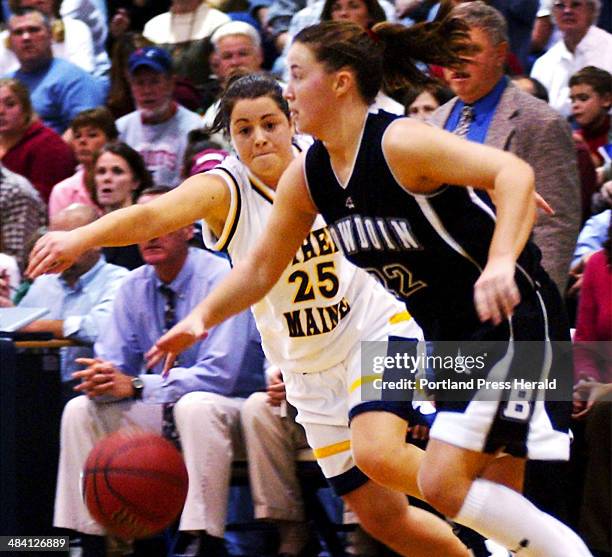 Staff Photo By Shawn Patrick Ouellette: Tuesday November 29, 2005: USM's Trish Sylvain moves in on defense as Bowdoin's Katie Cummings drives down...