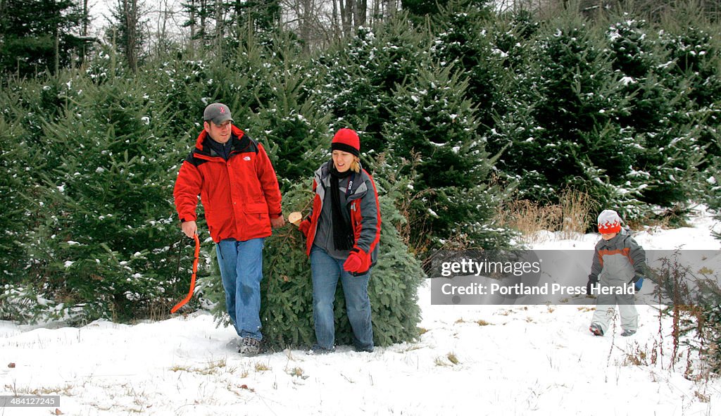 Allan and Sarah McInnis and their son Allan, 3, all of Portland, drag their freshly cut christmas tr...