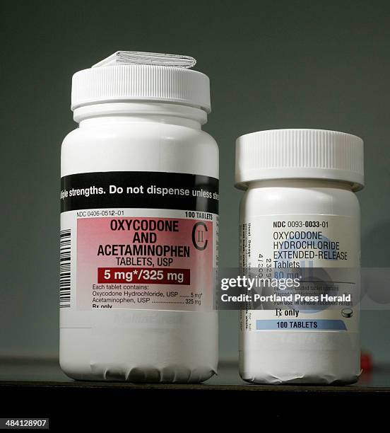 Staff photo by Gregory Rec -- Wednesday, November 23, 2005 -- Two drugs that have been sought after in recent pharmacy holdups: oxycodone with...