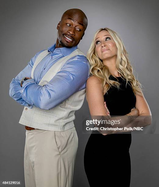 NBCUniversal Portrait Studio, August 2015 -- Pictured: TV personalities Akbar Gbajabiamila and Kristine Leahy from "American Ninja Warrior" pose for...