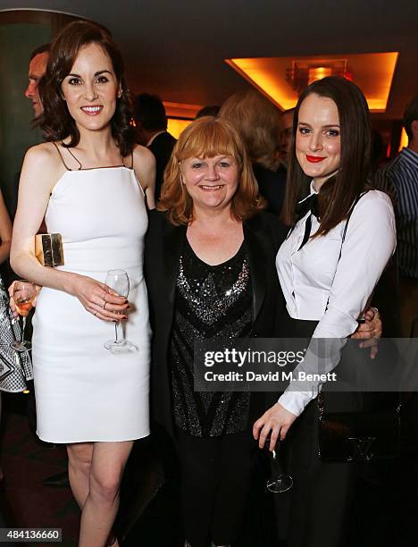 Michelle Dockery, Lesley Nicol and Sophie McShera attend the Downton Abbey wrap party at The Ivy on August 15, 2015 in London, England.