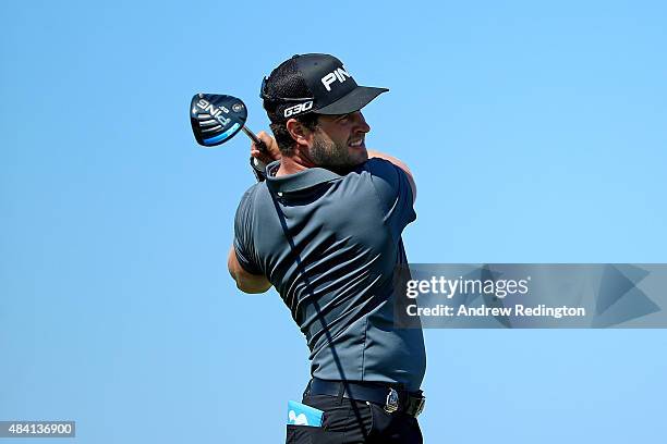 David Lingmerth of Sweden plays his shot from the first tee during the third round of the 2015 PGA Championship at Whistling Straits on August 15,...