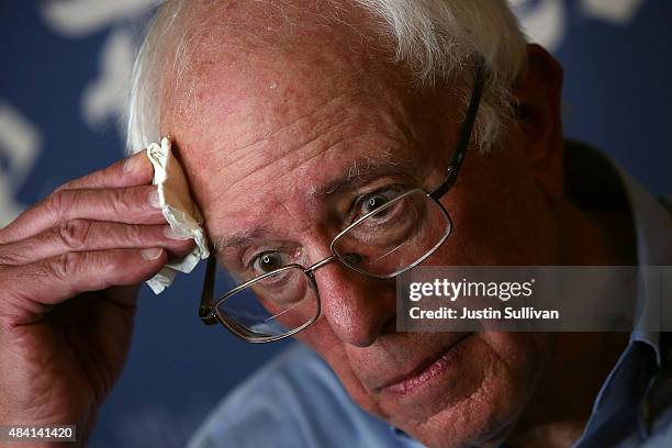 Democratic presidential candidate U.S. Sen. Bernie Sanders wipes sweat from his forehead during an interview at Iowa State Fair on August 15, 2015 in...