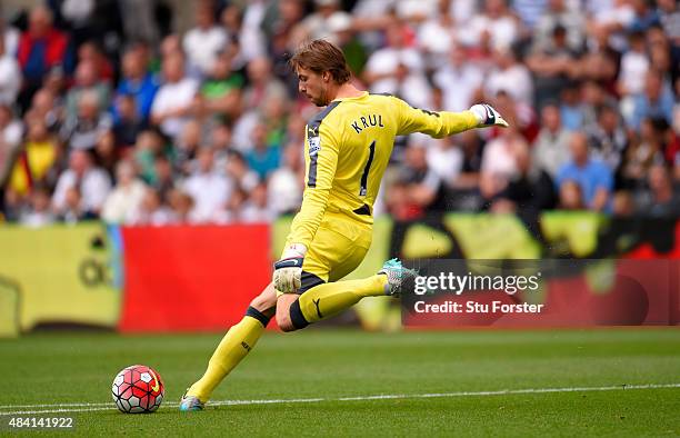Newcastle goalkeeper Tim Krul in action during the Barclays Premier League match between Swansea City and Newcastle United at the Liberty stadium on...