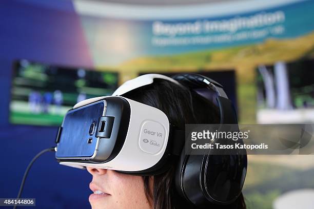 Consumer tests the Samsung Gear VR at The Samsung Experience during the PGA Championship 2015 at Whistling Straights Golf Course on August 15, 2015...