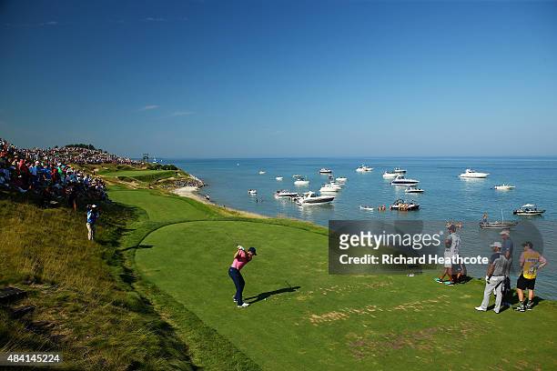 Jordan Spieth of the United States plays his shot from the seventh tee during the third round of the 2015 PGA Championship at Whistling Straits on...