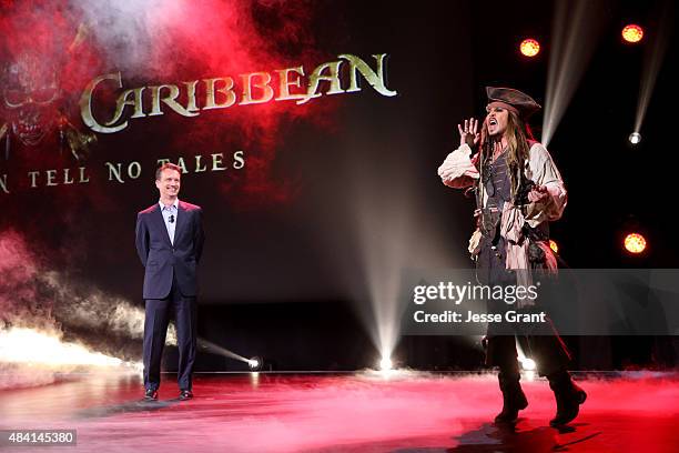 President of Walt Disney Studios Motion Picture Production Sean Bailey and actor Johnny Depp, dressed as Captain Jack Sparrow, of PIRATES OF THE...