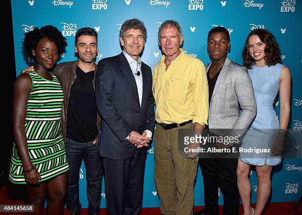 Actors Lupita Nyong'o, Oscar Isaac, Chairman of the Walt Disney Studios Alan Horn, actors Harrison Ford, John Boyega and Daisy Ridley of STAR WARS:...