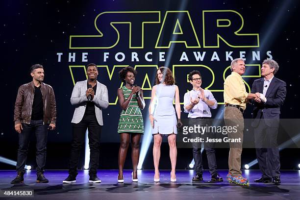 Actors Oscar Isaac, John Boyega, Lupita Nyong'o, Daisy Ridley, director J.J. Abrams and actor Harrison Ford of STAR WARS: THE FORCE AWAKENS and...