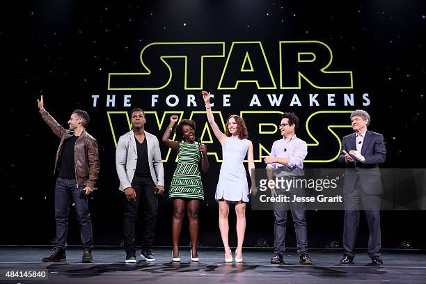 Actors Oscar Isaac, John Boyega, Lupita Nyong'o, Daisy Ridley, director J.J. Abrams of STAR WARS: THE FORCE AWAKENS and Chairman of the Walt Disney...