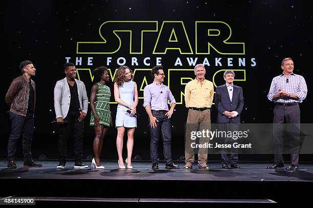 Actors Oscar Isaac, John Boyega, Lupita Nyong'o, Daisy Ridley, director J.J. Abrams and actor Harrison Ford of STAR WARS: THE FORCE AWAKENS, Chairman...