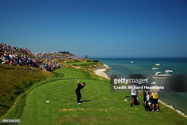 Rory McIlroy of Northern Ireland plays his shot from the seventh tee during the third round of the 2015 PGA Championship at Whistling Straits at on...