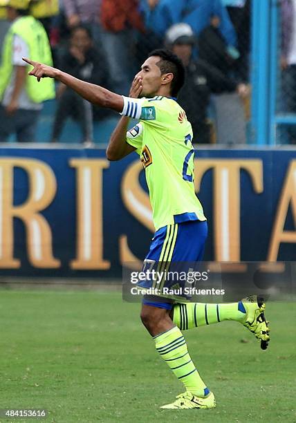 Carlos Lobaton of Sporting Cristal celebrates the second goal of his team against Sport Loreto during a match between Sporting Cristal and Sport...