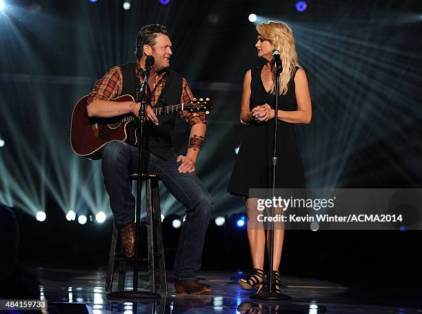 Musicians Blake Shelton and Miranda Lambert perform onstage during ACM Presents: An All-Star Salute To The Troops at the MGM Grand Garden Arena on...