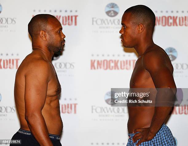 Roy Jones Jr. Faces off against Eric Watkins during the weigh in for the season two finale of NUVOtv's Knockout at Foxwoods Resort Casino on August...