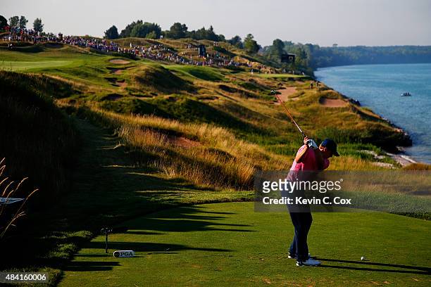 Jordan Spieth of the United States hits his tee shot on the 13th hole during the third round of the 2015 PGA Championship at Whistling Straits on...