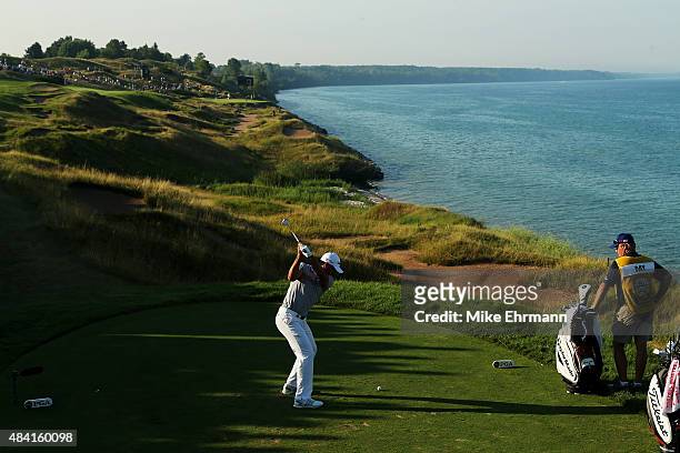 Jason Day of Australia hits his tee shot on the 13th hole during the third round of the 2015 PGA Championship at Whistling Straits at on August 15,...
