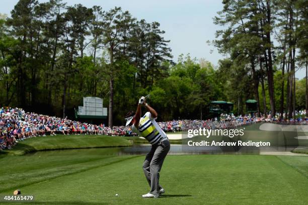 Bubba Watson of the United States hits his tee shot on the 16th hole during the second round of the 2014 Masters Tournament at Augusta National Golf...