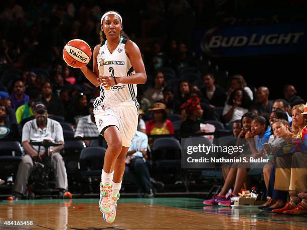 Candice Wiggins of the New York Liberty handles the ball against the Tulsa Shock on August 15, 2015 at Madison Square Garden, New York City , New...