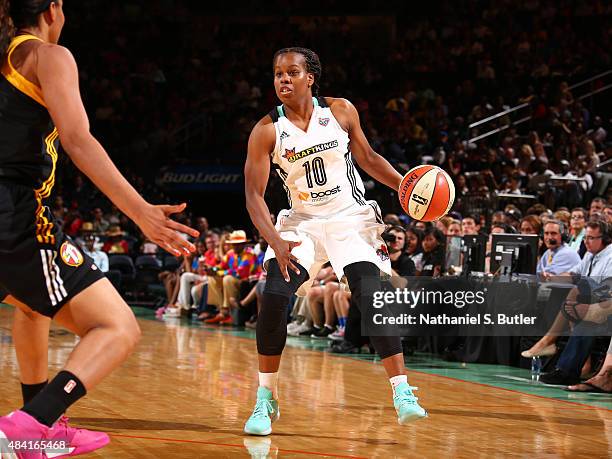 Epiphanny Prince of the New York Liberty handles the ball against the Tulsa Shock on August 15, 2015 at Madison Square Garden, New York City , New...