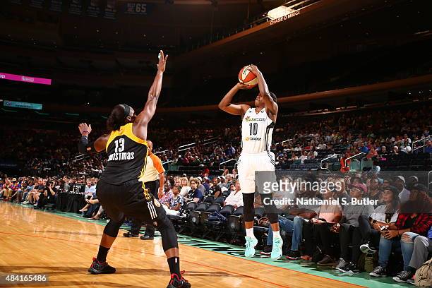 Epiphanny Prince of the New York Liberty shoots the ball against the Tulsa Shock on August 15, 2015 at Madison Square Garden, New York City , New...