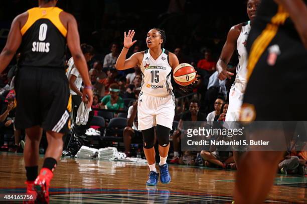 Brittany Boyd of the New York Liberty handles the ball against the Tulsa Shock on August 15, 2015 at Madison Square Garden, New York City , New York....