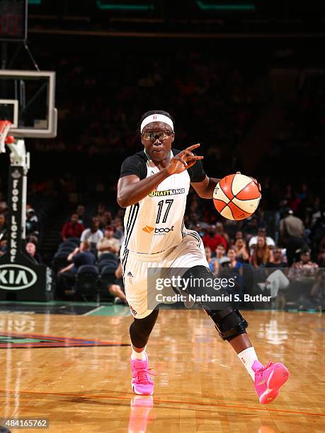 Essence Carson of the New York Liberty handles the ball against the Tulsa Shock on August 15, 2015 at Madison Square Garden, New York City , New...