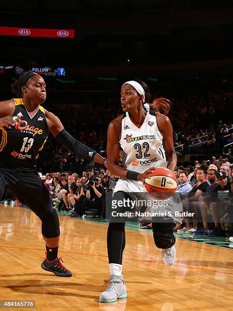 Swin Cash of the New York Liberty handles the ball against Karima Christmas of the Tulsa Shock on August 15, 2015 at Madison Square Garden, New York...