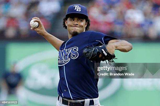 Starting pitcher Chris Archer of the Tampa Bay Rays throws during the first inning of a baseball game against the Texas Rangers at Globe Life Park on...