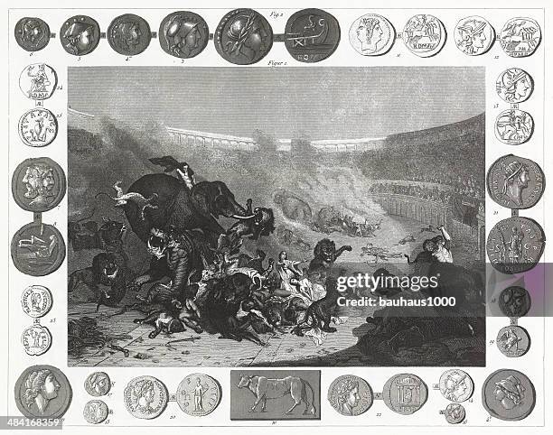 ilustraciones, imágenes clip art, dibujos animados e iconos de stock de roman colisuem y monedas - lion-fight-drawing