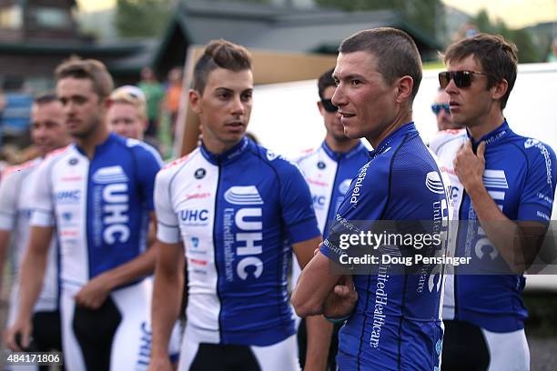 Janez Brajkovic of Slovenia riding for UnitedHealthcare prepares to take the stage with his teammates during the teams presentation ahead of the 2015...