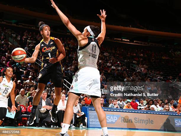 Brianna Kiesel of the Tulsa Shock passes the ball against the New York Liberty on August 15, 2015 at Madison Square Garden, New York City , New York....