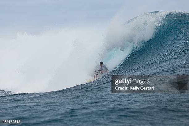 Bruno Santos of Brasil, a wildcard into the Billabong Pro Tahiti, won his opening Round 1 heat on August 15, 2015 in Teahupo'o, French Polynesia.