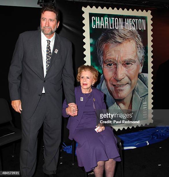 Director Fraser Clarke Heston and his mother Lydia Clarke, wife of Charlton Heston, attend the Dedication Ceremony For Charlton Heston Forever Stamp...