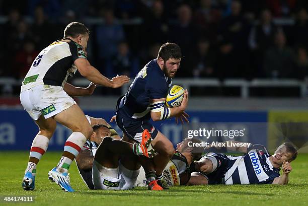 Marc Jones of Sale Sharksis stopped by the Harlequins defence during the Aviva Premiership match between Sale Sharks and Harlequins at AJ Bell...