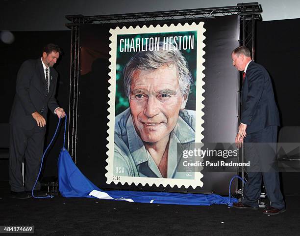 The design of the Charlton Heston Forever Stamp is unveiled by Charlton Heston's son, director Fraser Clarke Heston and U.S. Postal Service Board of...