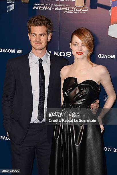 Emma Stone and Andrew Garfield attend 'The Amazing Spider-Man 2' Paris Premiere at Le Grand Rex on April 11, 2014 in Paris, France.