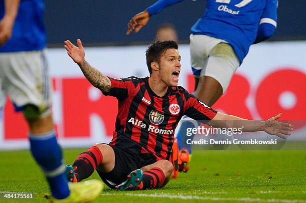 Vaclav Kadlec of Eintracht Frankfurt gestures during the Bundesliga match between FC Schalke 04 and Eintracht Frankfurt at Veltins-Arena on April 11,...