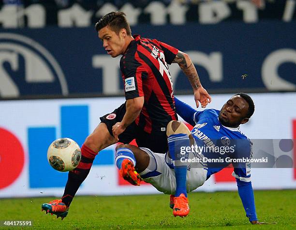 Vaclav Kadlec of Eintracht Frankfurt is challenged by Chinedu Obasi of FC Schalke 04 during the Bundesliga match between FC Schalke 04 and Eintracht...