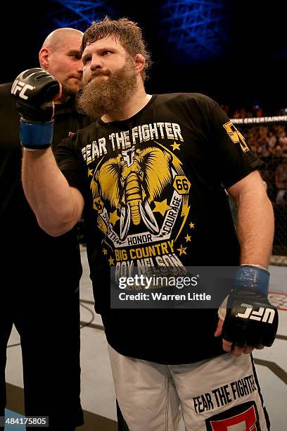 Roy Nelson celebrates his knockout victory against Antonio Rodrigo Nogueira in their heavyweight bout during UFC Fight Night 39 at du Arena on April...