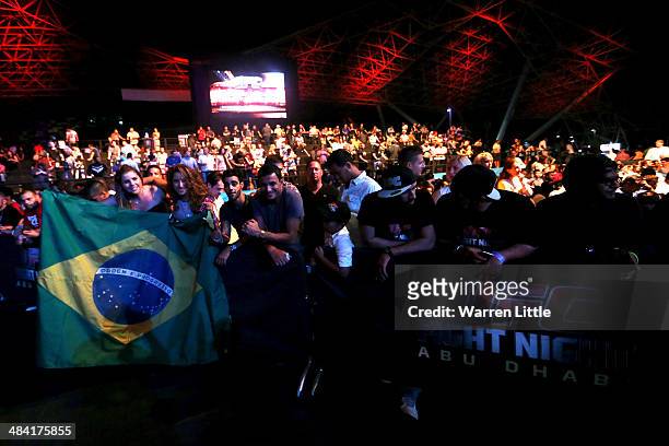Fans hold a Brazil flag before Antonio Rodrigo Nogueira takes on Roy Nelson in their heavyweight bout during UFC Fight Night 39 at du Arena on April...
