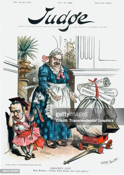 Lithographic cover for the political weekly magazine Judge featuring President Grover Cleveland dressed as a maid is issued in New York City on May...