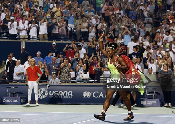 Serena Williams of the USA leaves Centre Court after her defeat to Belinda Bencic of Switzerland during Day 6 of the Rogers Cup at the Aviva Centre...