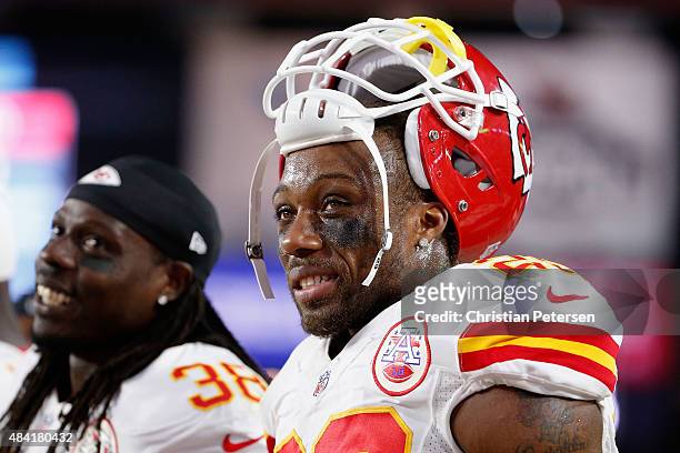 Strong safety Eric Berry of the Kansas City Chiefs stands on the sidelines during the pre-season NFL game against the Arizona Cardinals at the...