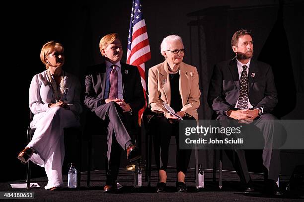 Actress Gabrielle Carteris, actor Ned Vaughn, CEO and Director of AFI Jean Picker Firstenberg and director Fraser Heston attend the postage stamp...